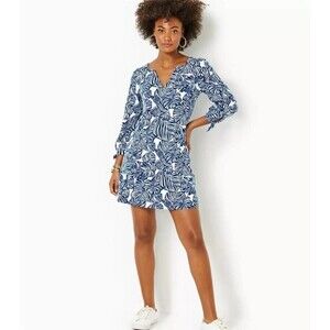 Lilly Pulitzer Cath Tunic Mini Dress Printed Cotton Beach Resort Navy L 282286
